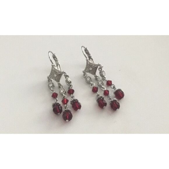 Silver Pave Rhinestone & Garnet Earrings - Picture 1 of 2
